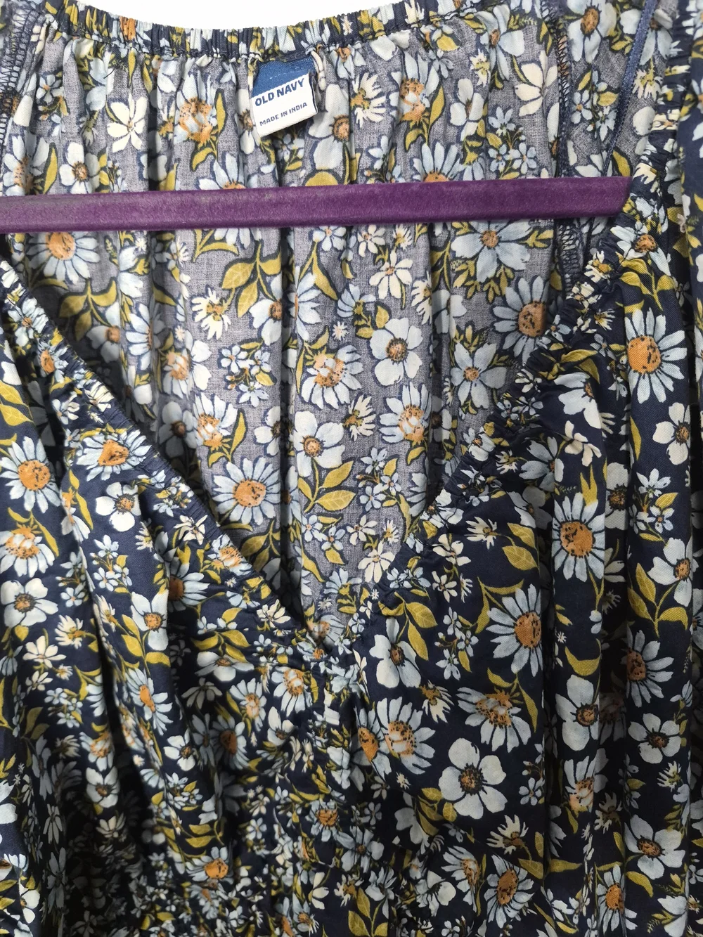 Old Navy Navy Floral Puff-Sleeve Blouse with Yellow & White Daisies